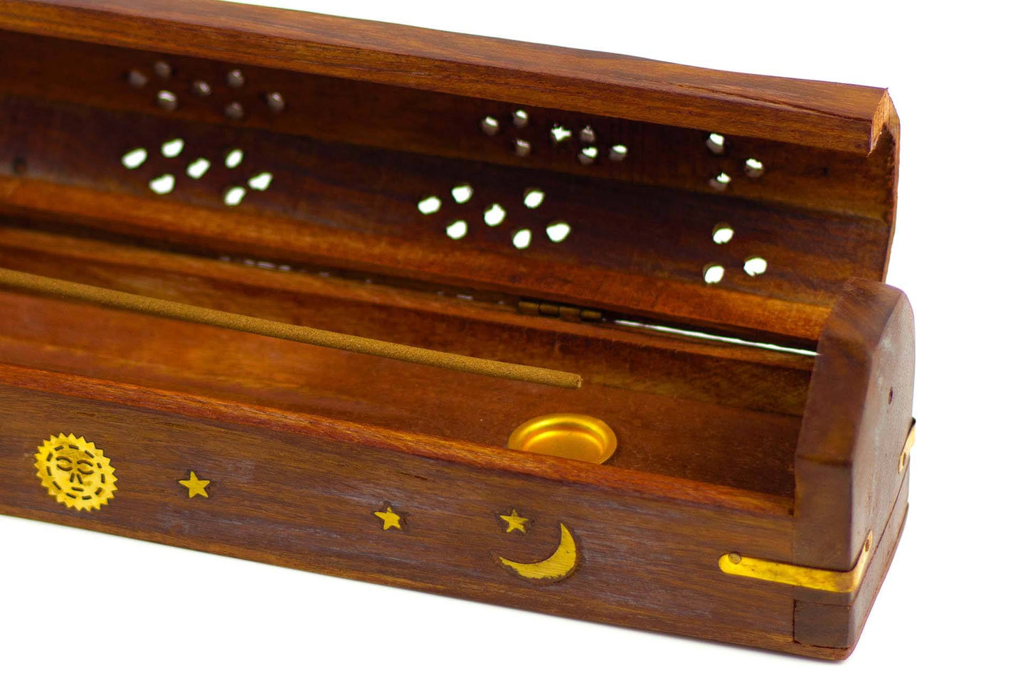 Wooden Incense & Cone Burner Brass Inlaid - with Storage (STYLE MAY VARY)