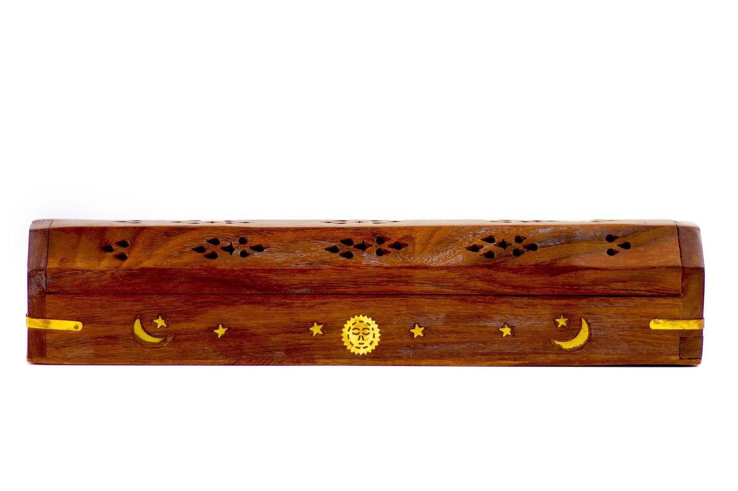 Wooden Incense & Cone Burner Brass Inlaid - with Storage (Sun - Moon - Stars)