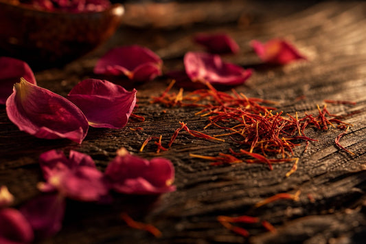 A textured wood surface with rose petals and saffron threads, softly lit to evoke warmth.