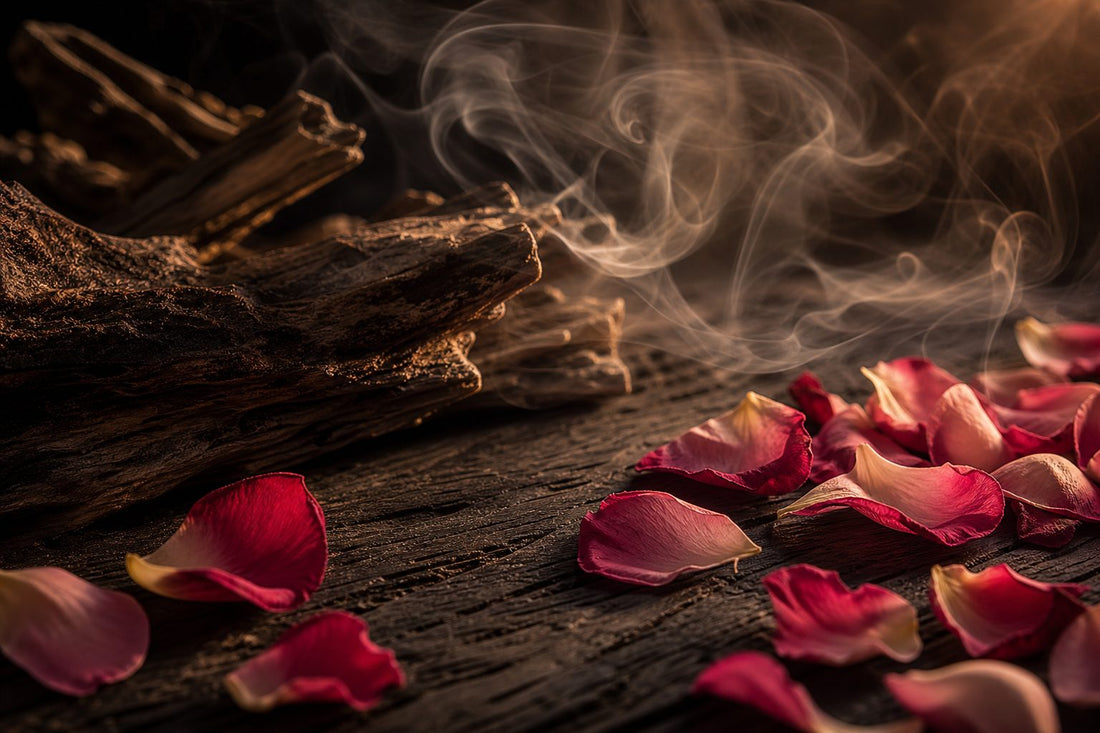 A dark wood surface with scattered rose petals and curling smoke, creating a warm and inviting atmosphere.