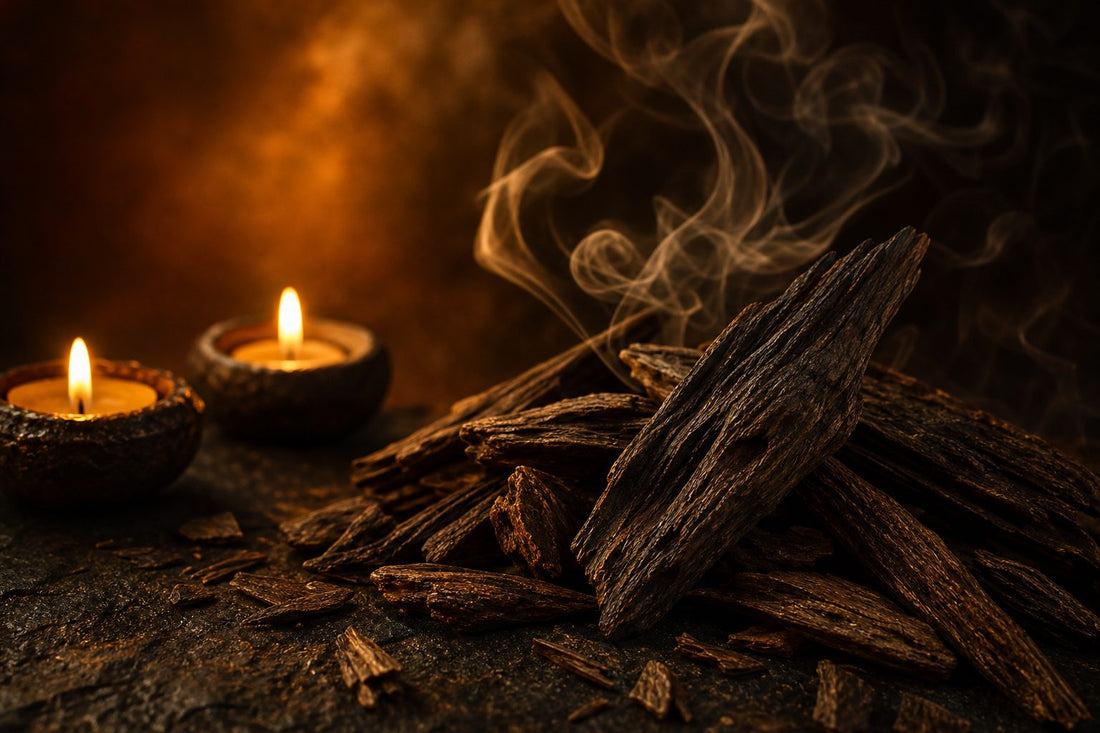 A dark textured surface with scattered agarwood grains illuminated by candlelight and curling smoke.