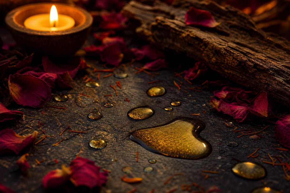 A textured dark surface with golden oil droplets, rose petals, and saffron threads, illuminated by soft candlelight.