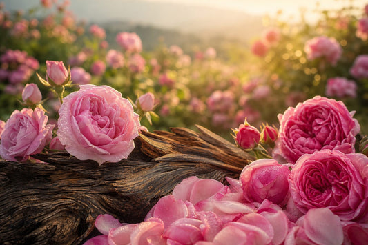 A field of blooming Damascus and Arabian roses with warm sunlight.