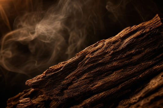 Close-up of raw agarwood grain with smoke curling in a dark, moody landscape.