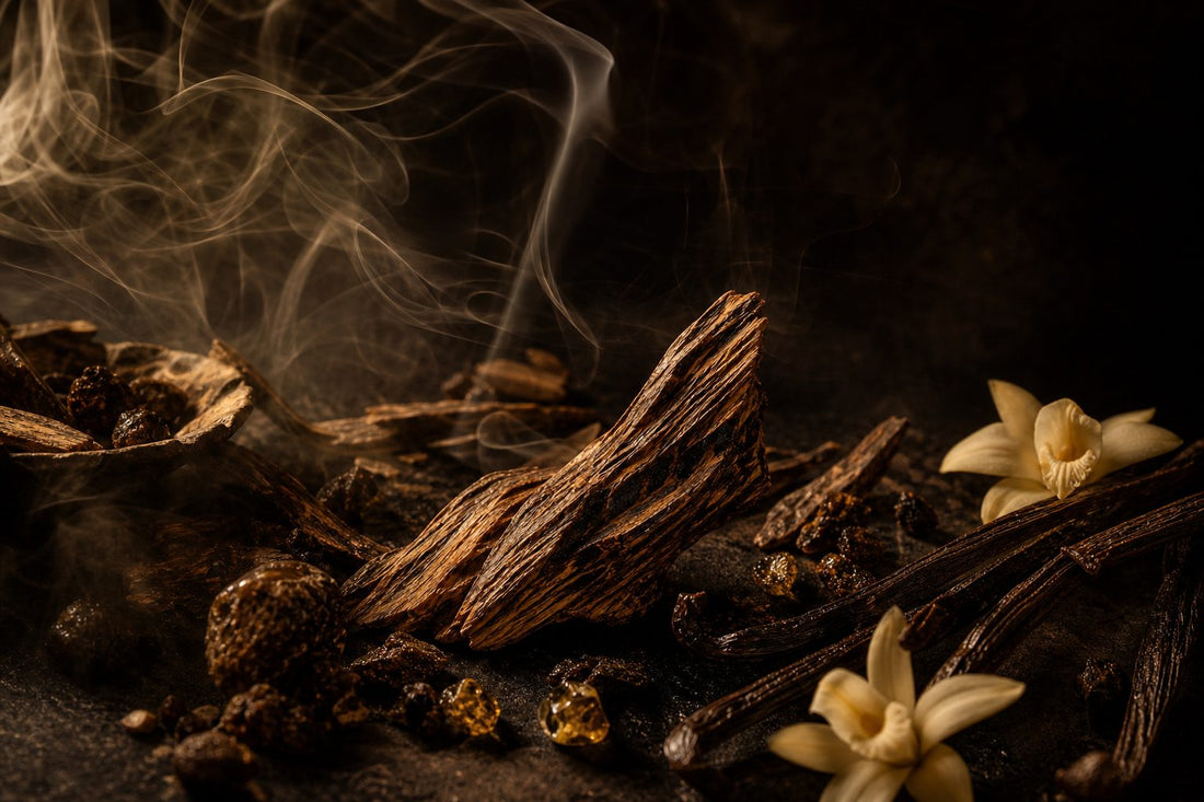 A dark textured background with curling smoke, agarwood grains and vanilla pods, evoking warmth and mystery.
