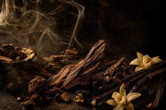 A dark textured background with curling smoke, agarwood grains and vanilla pods, evoking warmth and mystery.