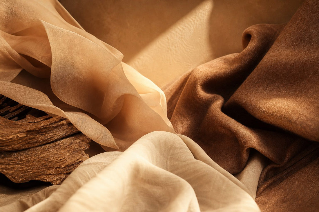 A warm gradient landscape in almond brown and cream, suggesting the texture of fabrics and clothing styles.