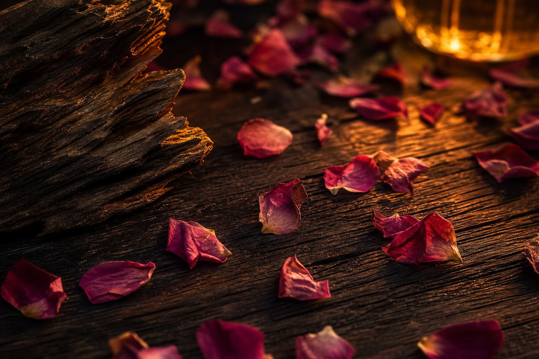 A dark wooden surface with rose petals and an amber glow.