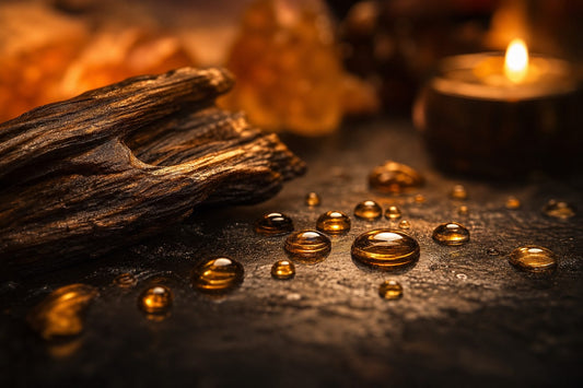 Golden oil droplets on a dark surface illuminated by soft candlelight.