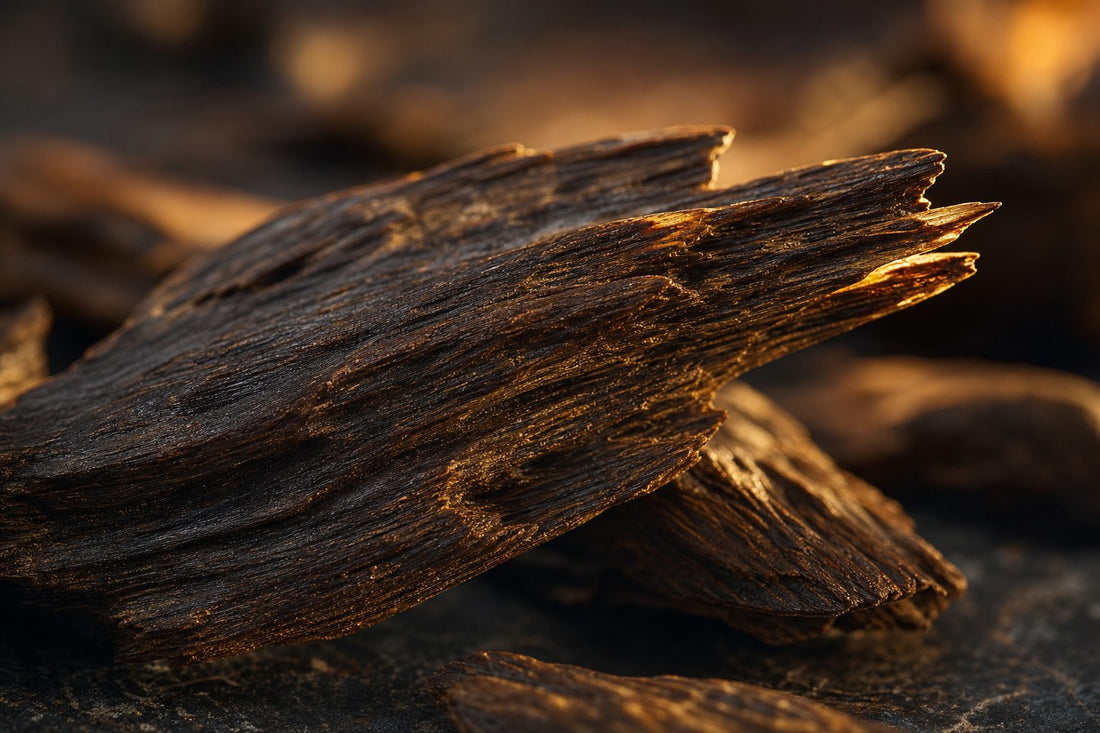 Textured agarwood grain illuminated by warm light.