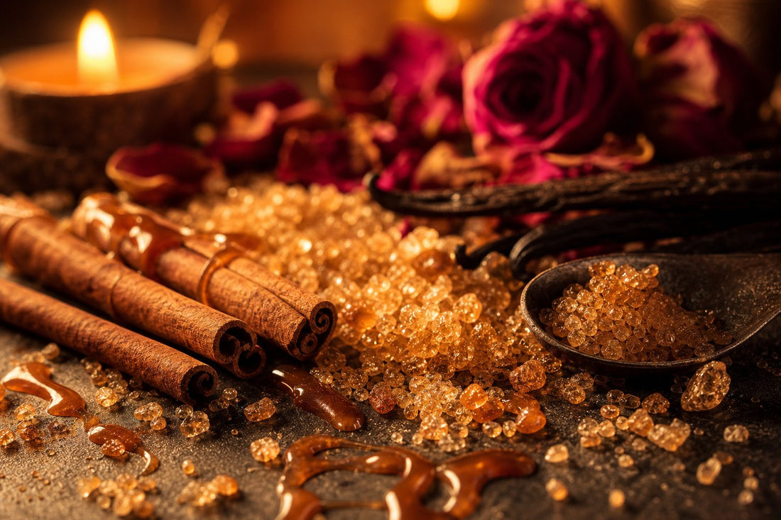 A warm landscape of sugar crystals, cinnamon sticks, and rose petals, evoking sweetness and spice.