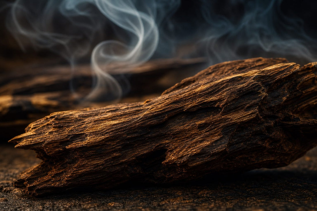 Textured agarwood grain with curling smoke in a warm, mystical setting.