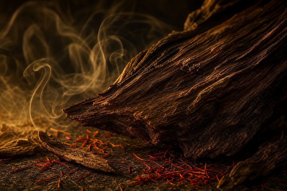 Textured agarwood grain with smoke curling in a warm, atmospheric setting.