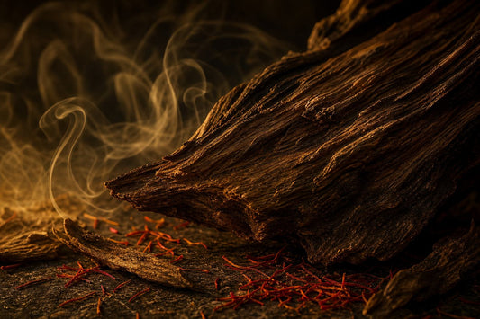 Textured agarwood grain with smoke curling in a warm, atmospheric setting.