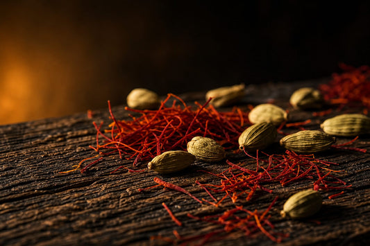 A dark wooden surface with saffron threads and cardamom pods, softly illuminated.