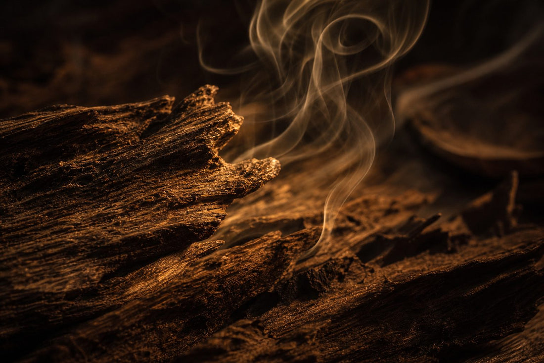 Textured wood background with warm amber tones and curling smoke, creating a warm and mysterious atmosphere.
