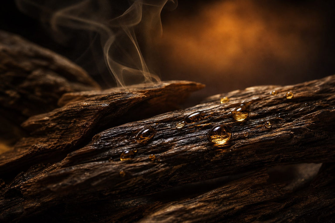 A dark wood surface with golden oil droplets and soft smoke, creating a warm and natural atmosphere.