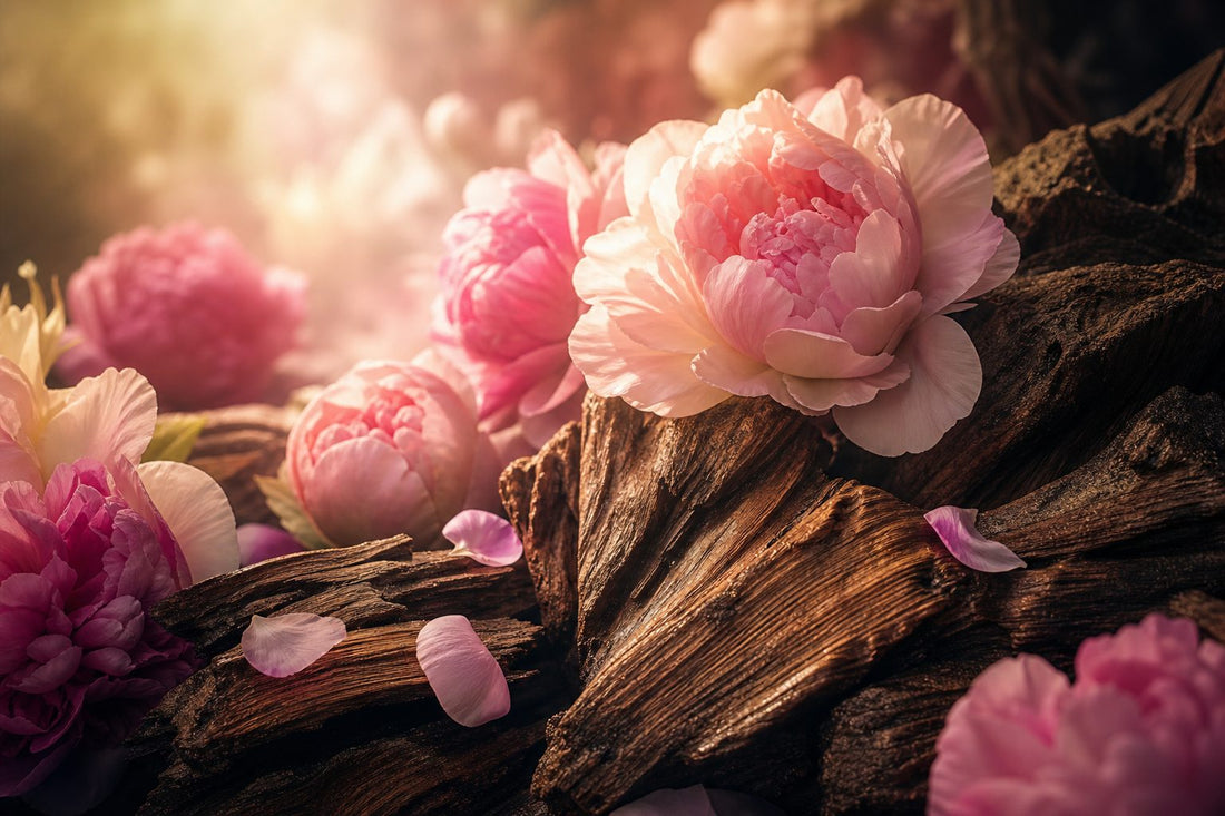 A tranquil landscape showcasing peony flowers intertwined with oud wood, illuminated by soft light.