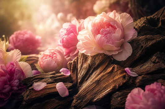 A tranquil landscape showcasing peony flowers intertwined with oud wood, illuminated by soft light.