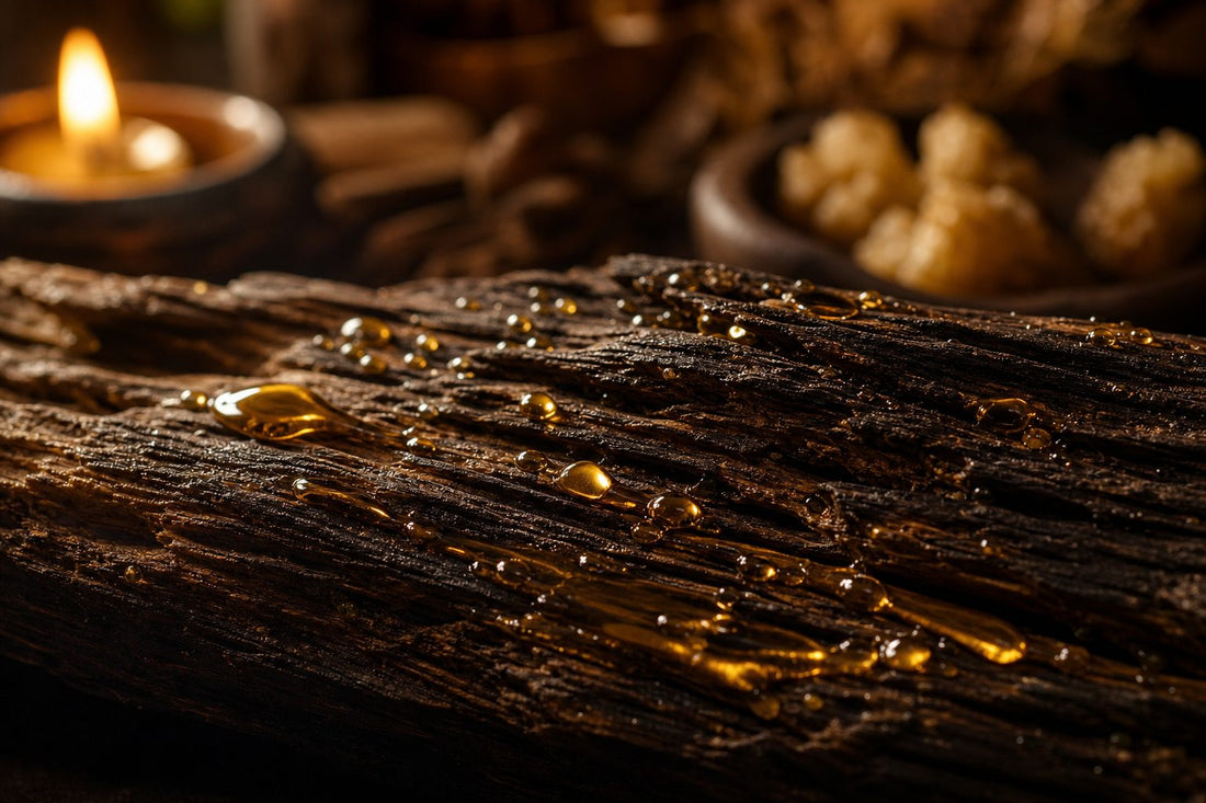 Textured wood with golden oil droplets illuminated by soft candlelight.