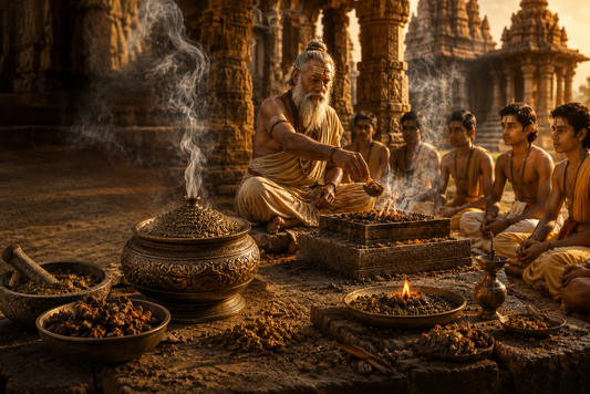 Illustration of incense and aromatic materials in a traditional Indian setting