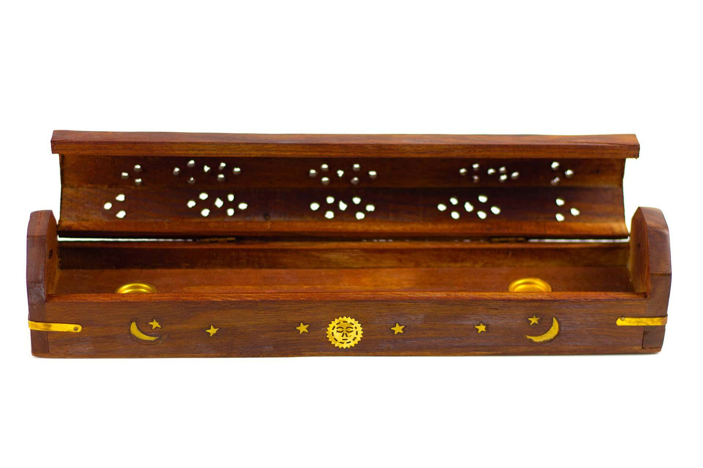 Wooden Incense & Cone Burner Brass Inlaid - with Storage (STYLE MAY VARY)