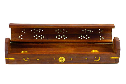 Wooden Incense & Cone Burner Brass Inlaid - with Storage (STYLE MAY VARY)
