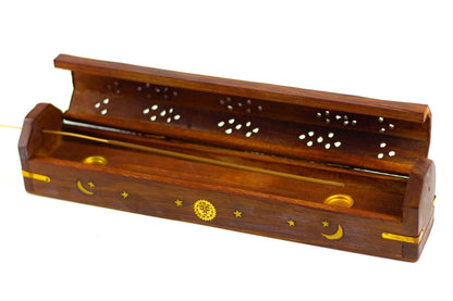 Wooden Incense & Cone Burner Brass Inlaid - with Storage (STYLE MAY VARY)