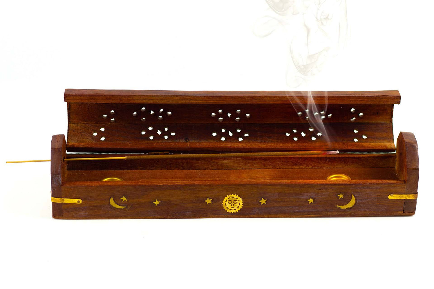 Wooden Incense & Cone Burner Brass Inlaid - with Storage (STYLE MAY VARY)