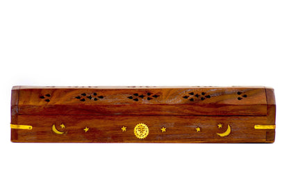 Wooden Incense & Cone Burner Brass Inlaid - with Storage (STYLE MAY VARY)