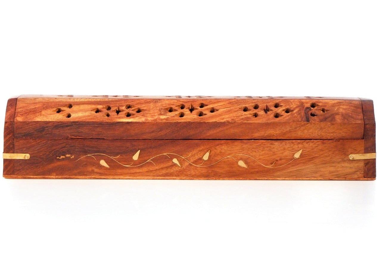 Wooden Incense & Cone Burner Brass Inlaid - with Storage (STYLE MAY VARY)