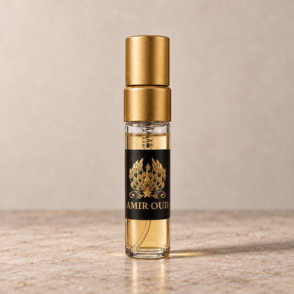 Amir Oud 3 ml spray sample filled with fragrance, satin gold cap and black branded label