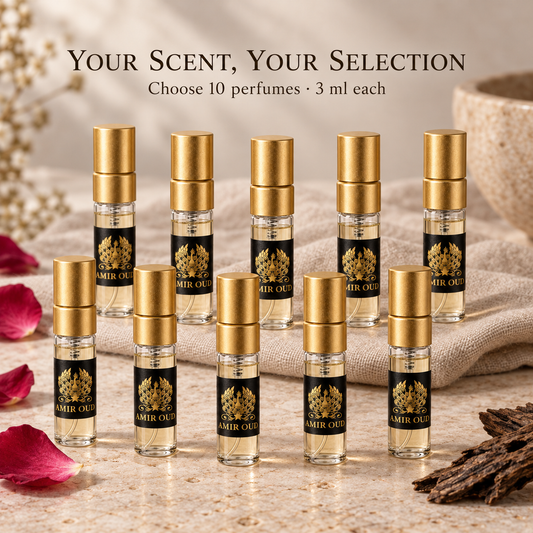 Amir Oud Make Your Own perfume sample kit with ten filled 3 ml gold spray vials