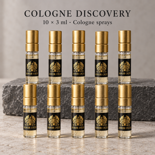 Amir Oud Colognes perfume sample kit with ten filled 3 ml gold spray vials