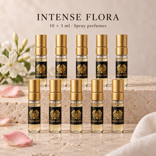 Amir Oud Intense Flora perfume sample kit with ten filled 3 ml gold spray vials