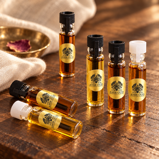 Amir Oud Luxury oil sample vials arranged on dark wood with linen and a brass dish