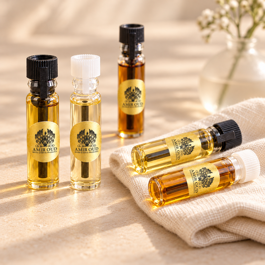 Amir Oud Musk oil sample vials with pale oils on soft cream linen