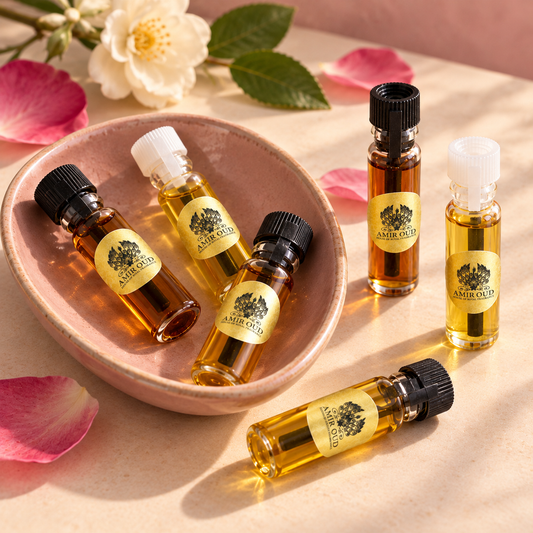 Amir Oud Rose and Flora oil sample vials with a rose ceramic dish and flower petals