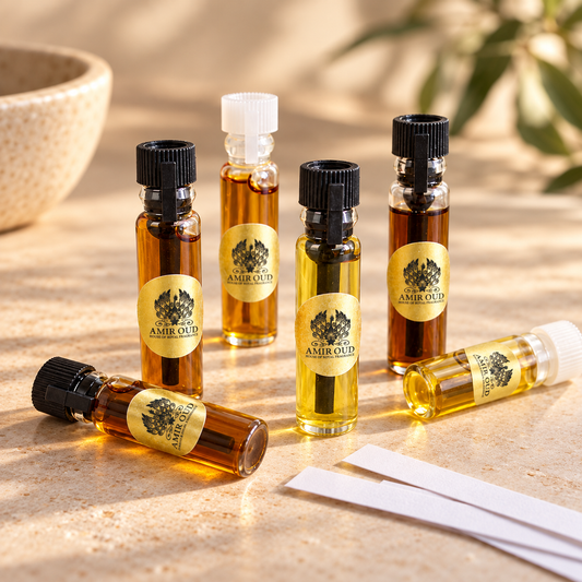 Amir Oud Royal oil sample vials in a warm studio still life with scent strips