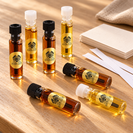 Amir Oud choose-your-own oil sample vials arranged with blank cards and scent strips