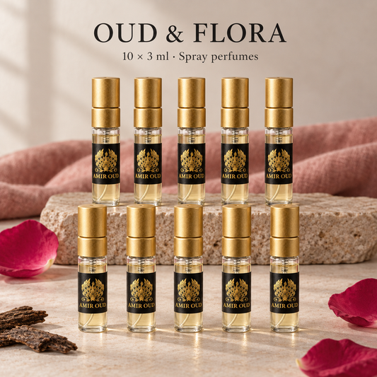 Amir Oud Oud and Flora perfume sample kit with ten filled 3 ml gold spray vials
