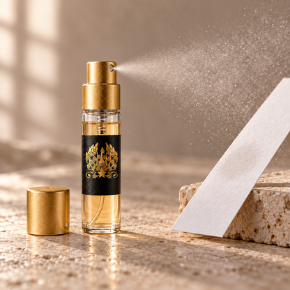 Amir Oud filled 3 ml spray vial releasing a fine mist beside a scent strip, product-only still life