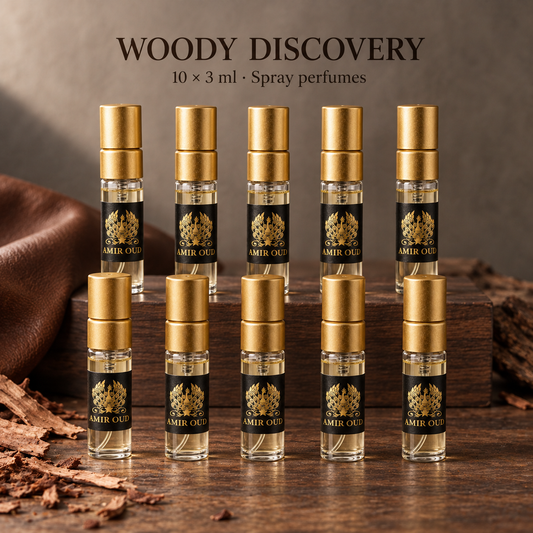 Amir Oud Woody perfume sample kit with ten filled 3 ml gold spray vials
