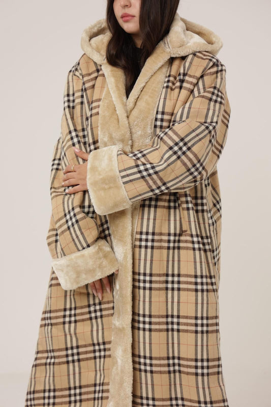 Sand Check Coat - Winter Royal Farwa in Sand Check