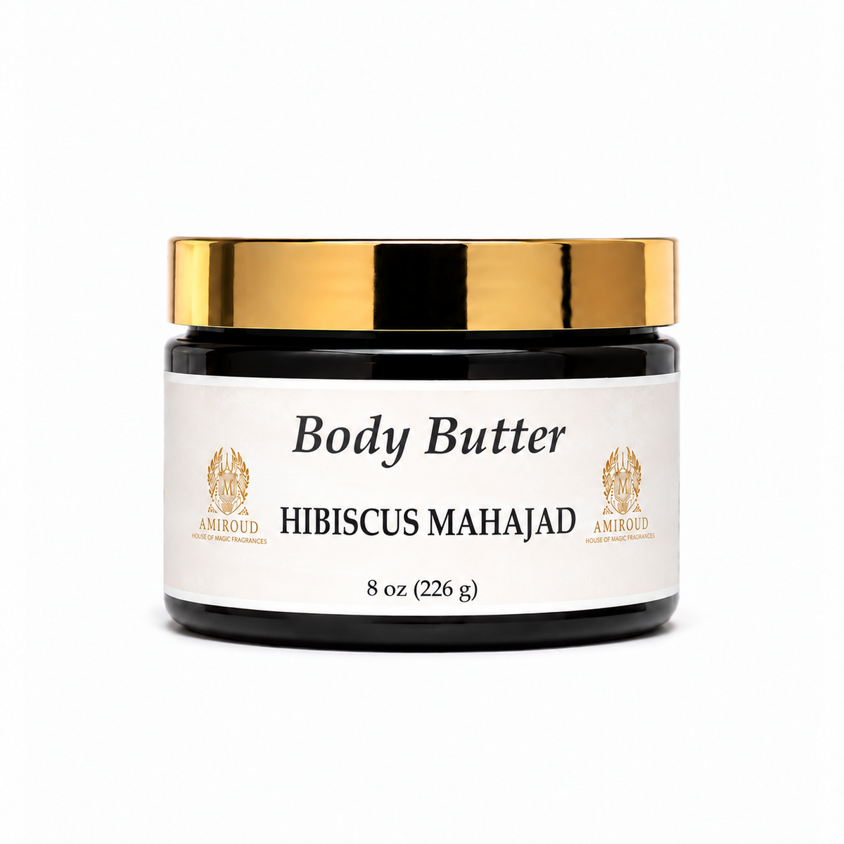Hibiscus Mahajad body butter by Amir Oud, 8 oz black jar with gold lid.