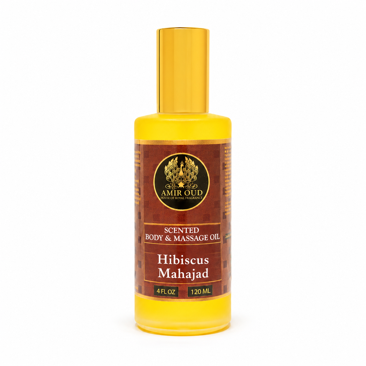 Hibiscus Mahajad body oil by Amir Oud, 4 oz bottle with gold cap.