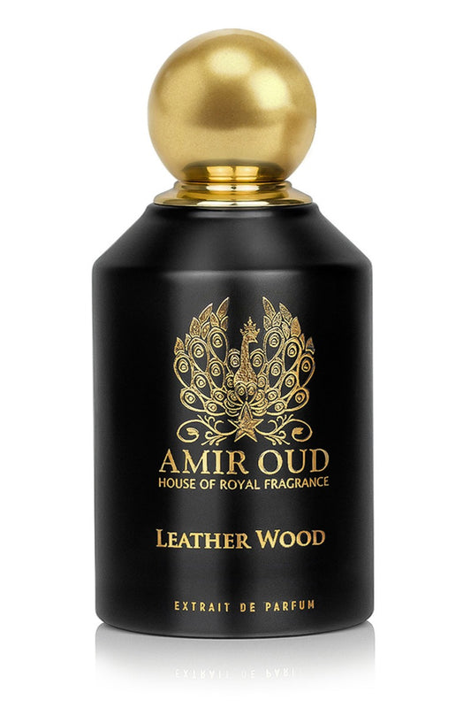 Leather Wood Perfume - Black perfume bottle with a golden round cap