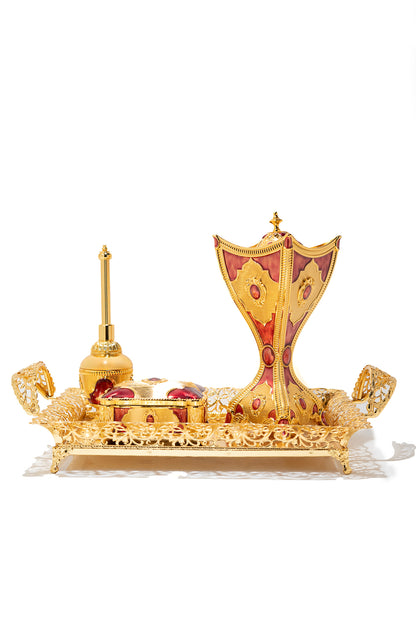 Luxury Gold and Red Mirror Tray Arabic Incense Burner Set