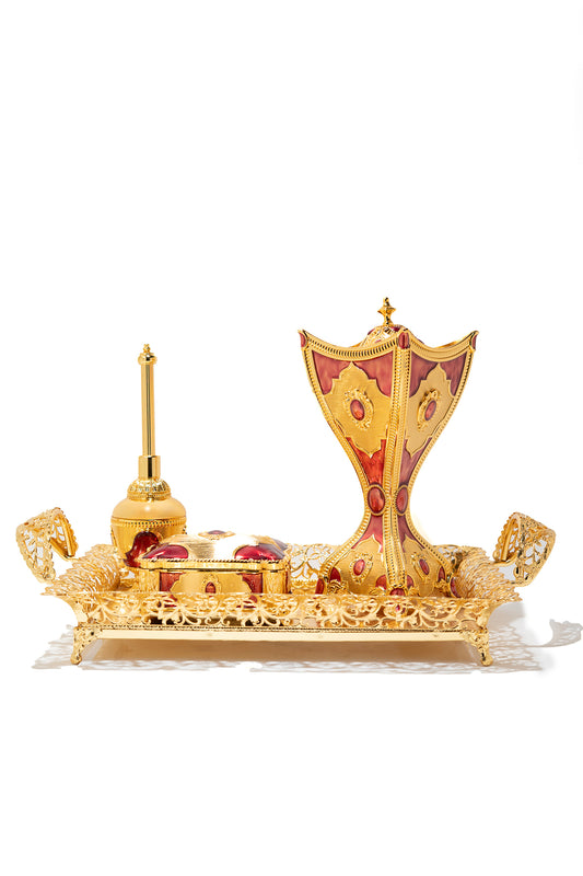 Luxury Gold and Red Mirror Tray Arabic Incense Burner Set