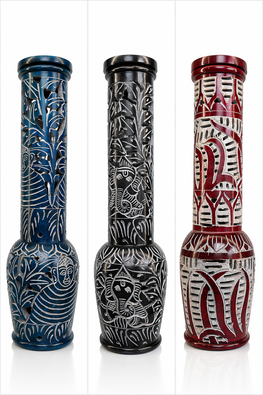Hand Carved Soapstone Incense Tower Burner for Sticks & Cones, 3 Colors